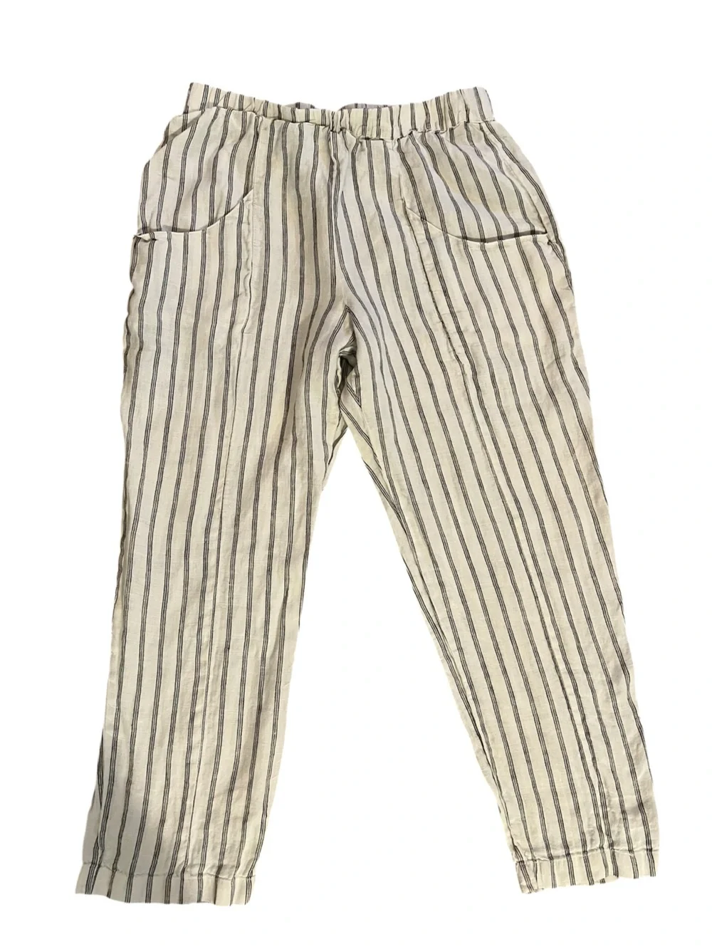 Quince 100% European Linen Tapered Ankle Pull On Pants M Coastal Stripe Pockets